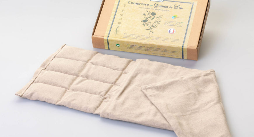 compresse en tissu lin naturel avec sa housse et le carton de présentation